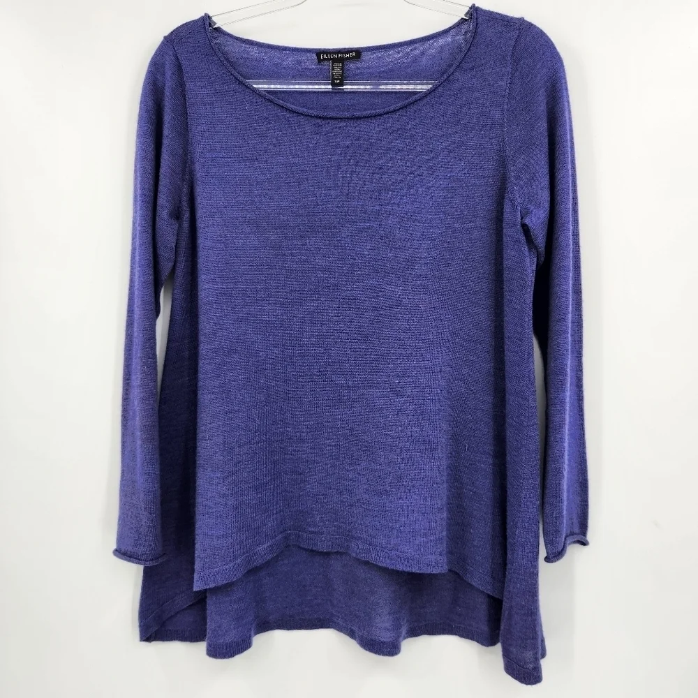 Eileen Fisher Long Sleeve Hi Lo Sweater Womens Size Small Violet Thin Knit Wool